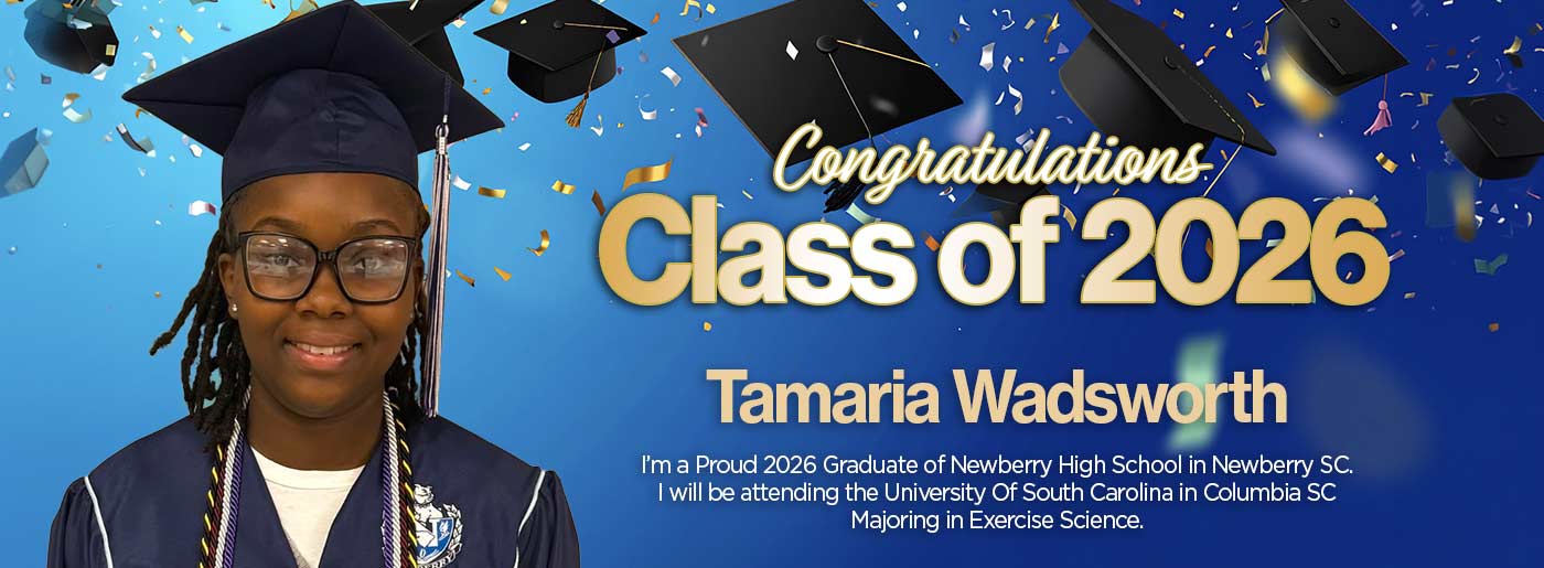 class of 2026 banner with graduate Tamaria Wadsworth